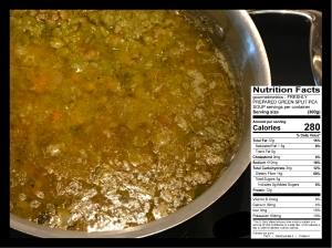 photo of split pea soup with Nutrition Facts panel.