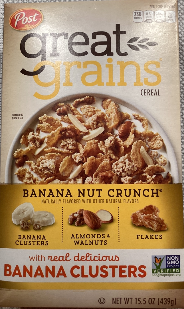 The product highlighted today is Post great grains Banana Nut Crunch with real delicious Banana Clusters